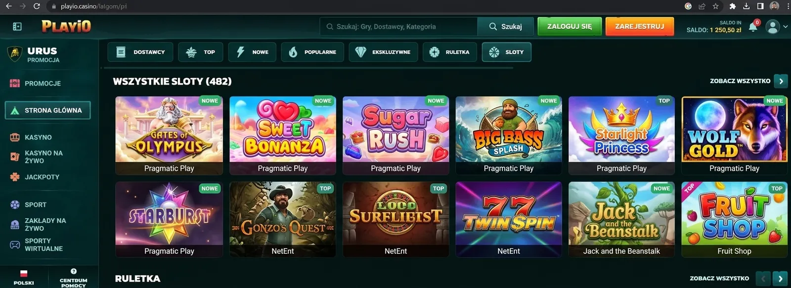 Zrzut ekranu z lobby PlayiO Casino pokazujący sloty i gry stołowe
